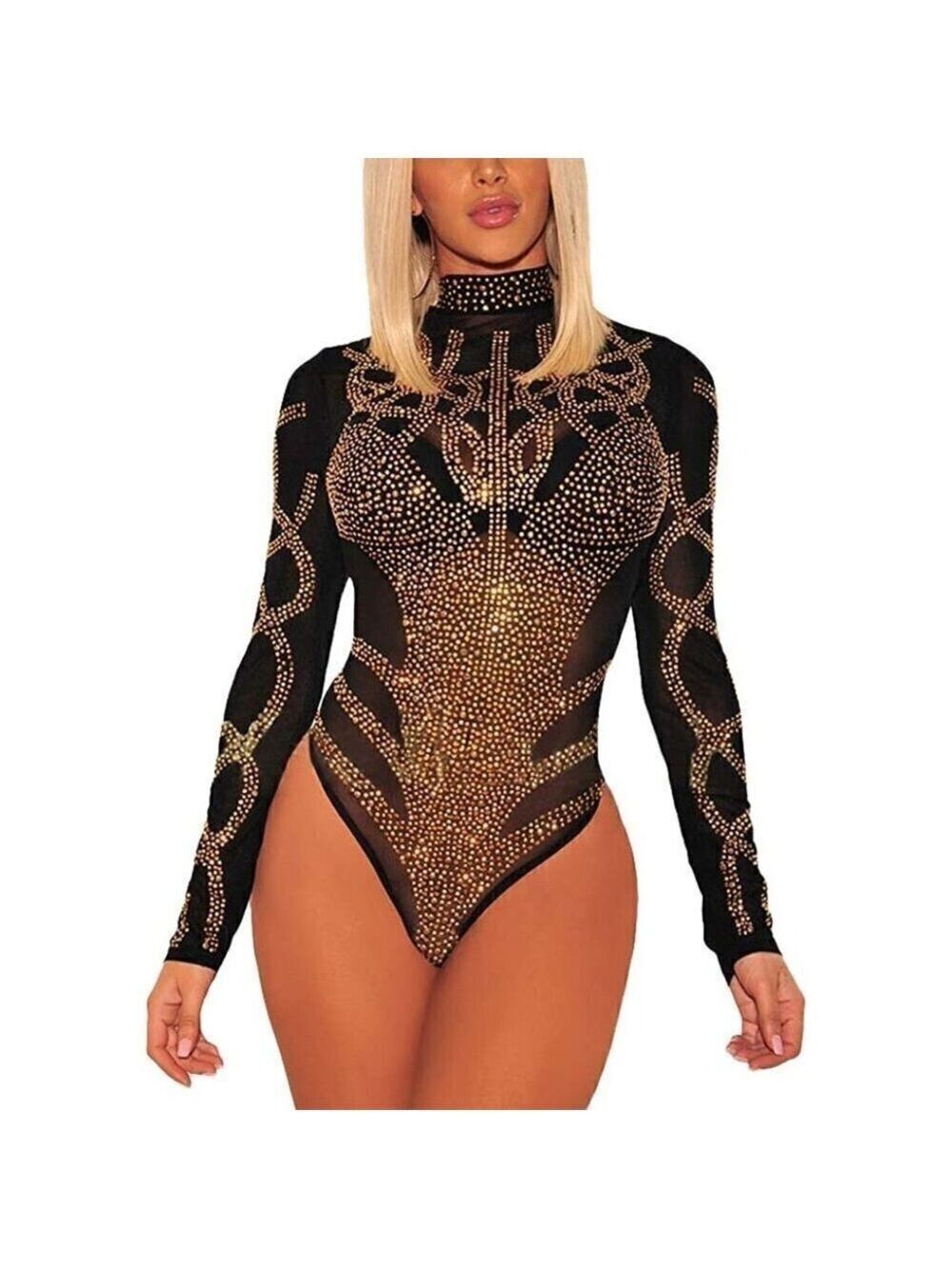 Sexy Sheer Mesh Turtleneck See Through Leotard Bodysuit Long Sleeve Stretchy NWT